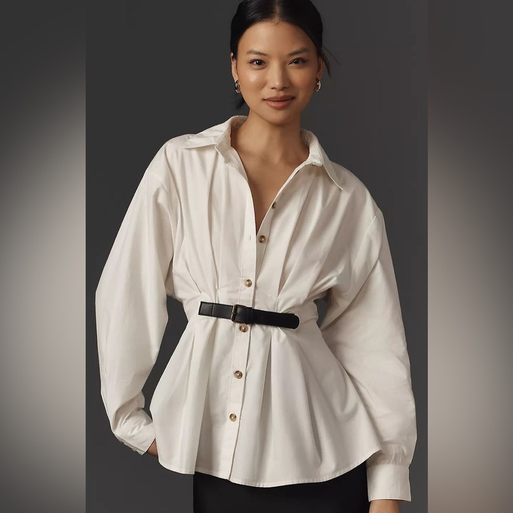 By Anthropologie Belted White Button Down Shirt 4